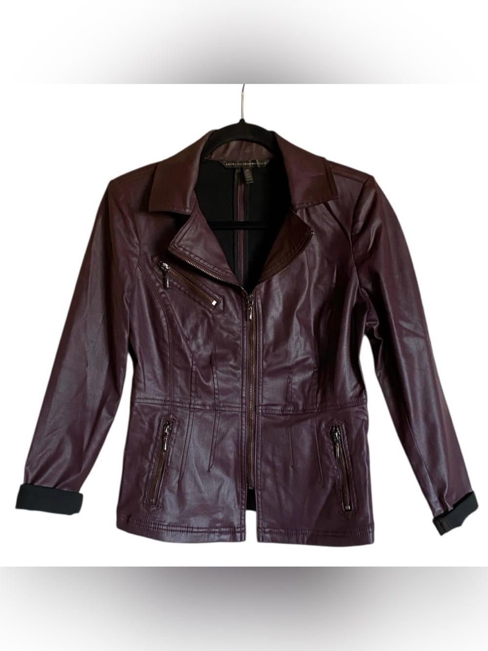 White House Black Market Coated Denim Moto Jacket Black Cherry Burgundy 6P